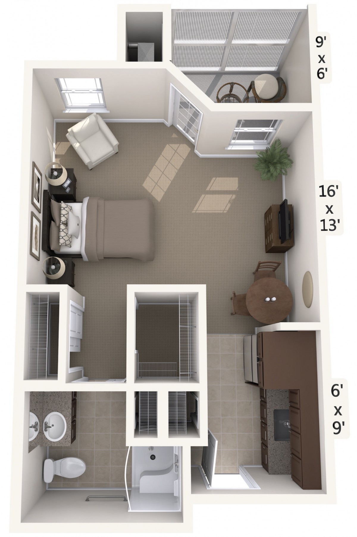 A 3D floor plan of a bedroom with furniture and dimensions.