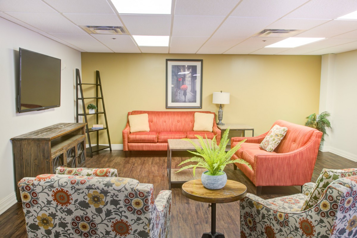A cozy living room with colorful sofas, patterned chairs, and a coffee table featuring an indoor plant.