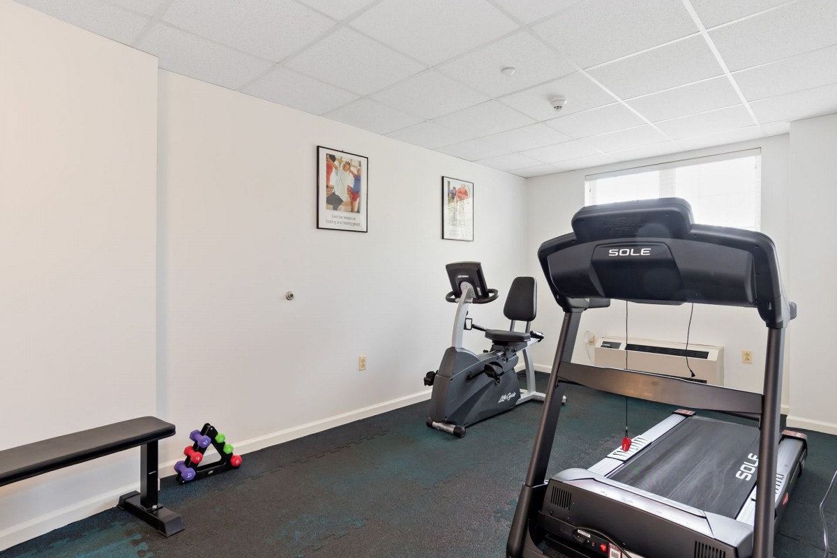 A home gym setup featuring a treadmill, stationary bike, and weights.