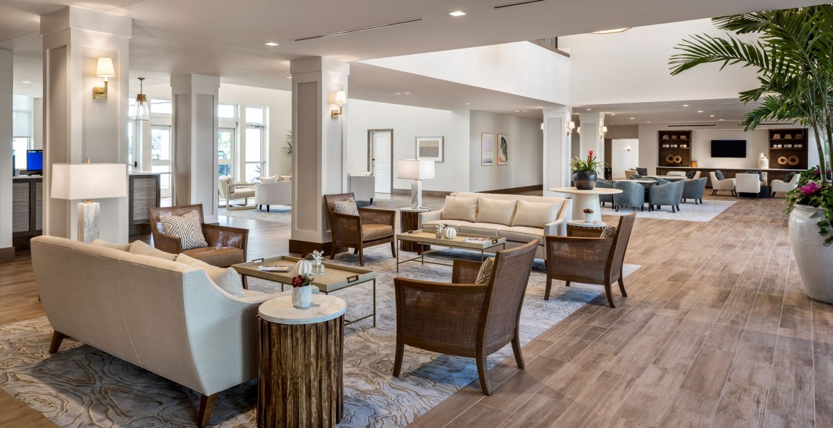 A modern lobby with comfortable seating and stylish decor.