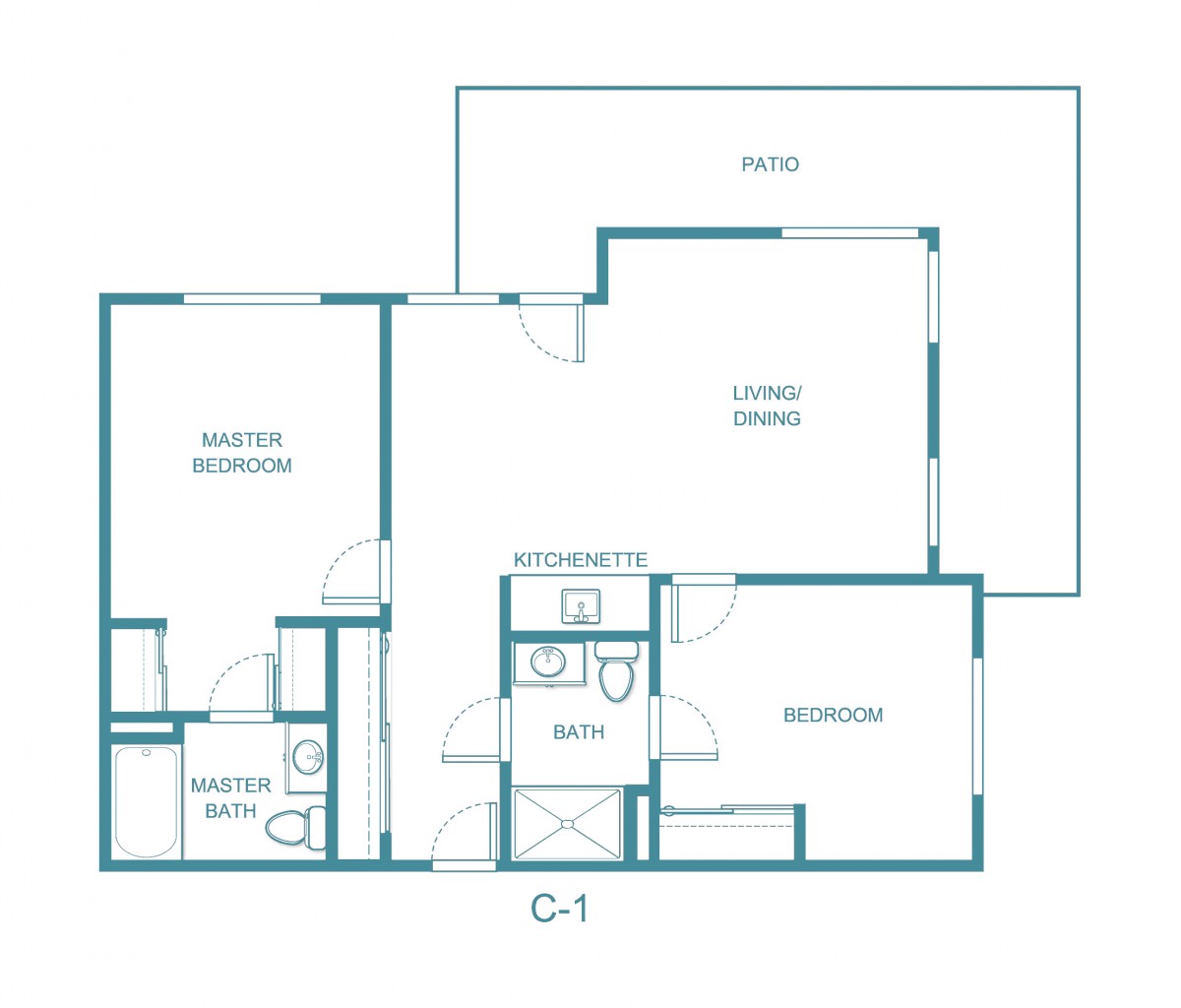 A floor plan of a two-bedroom apartment including living area, kitchen, and patio.