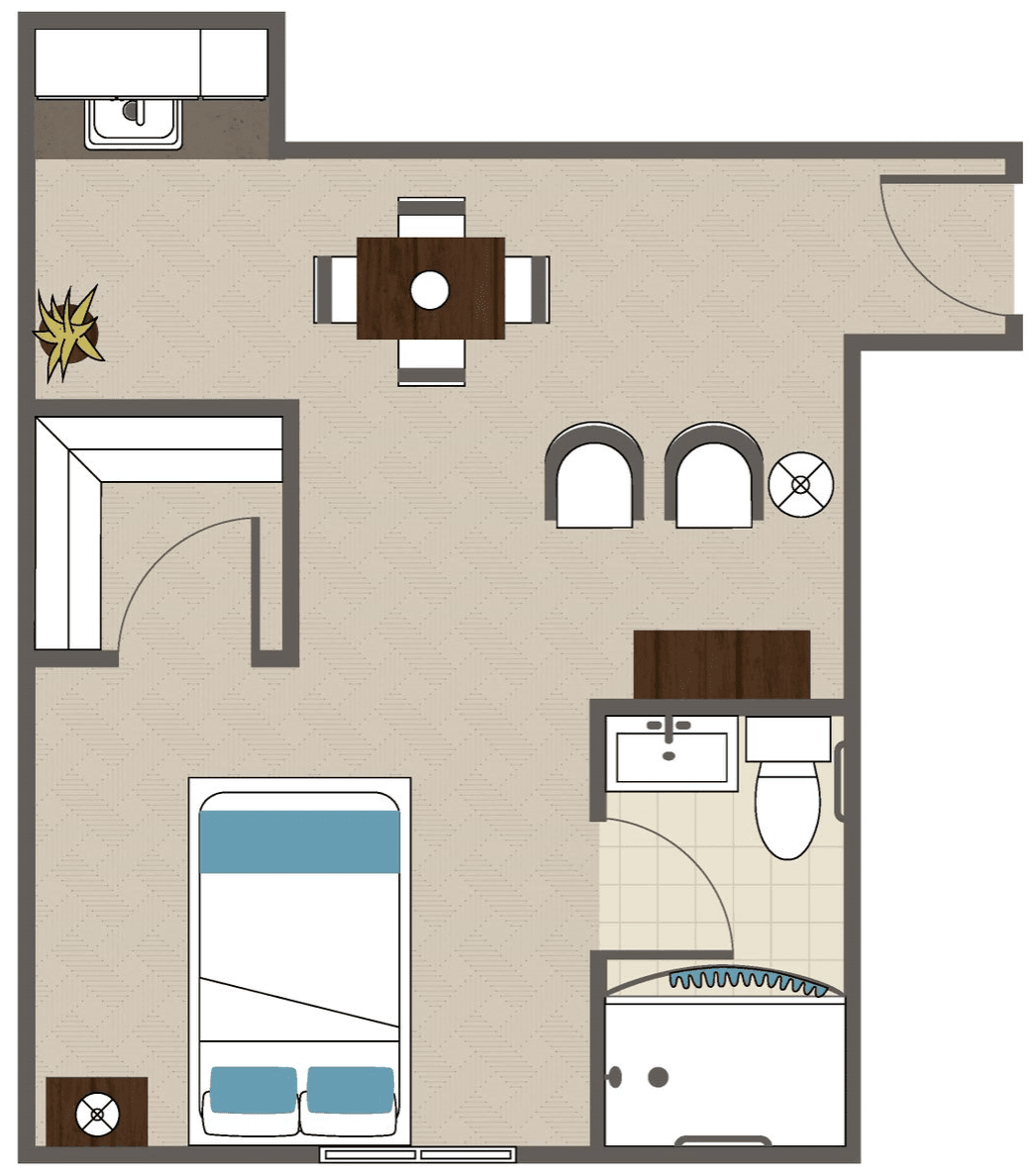 A floor plan showing a one-bedroom apartment with living room, kitchen, and bathroom.