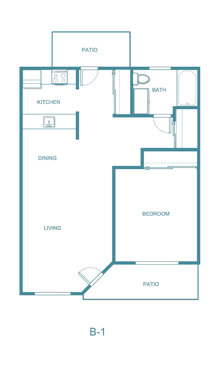 Blueprint of a one-bedroom apartment with kitchen, lounge, bath, and patio.