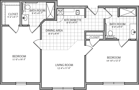 A detailed floor plan of an apartment showing the layout of rooms including a living room, dining area, kitchenette, bedroom, and bathroom.