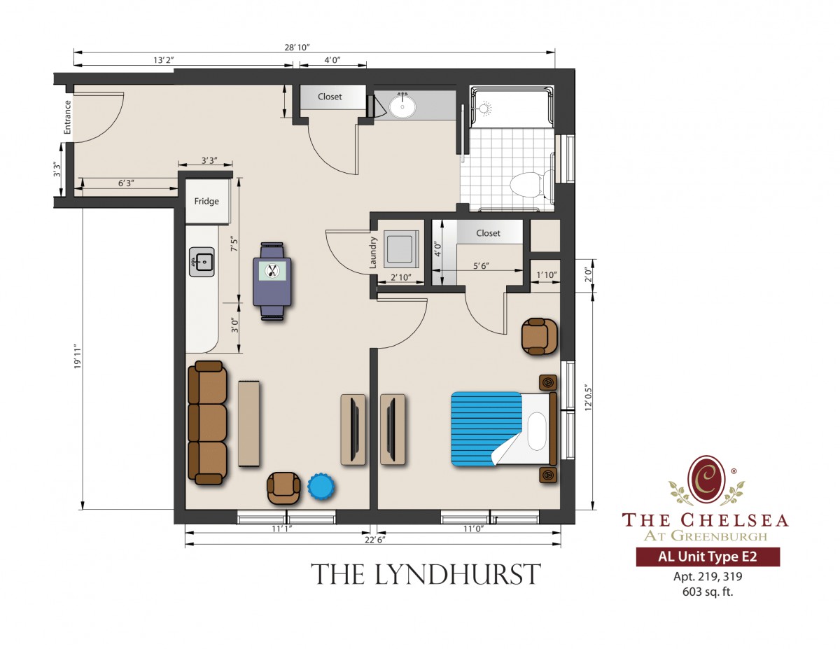 A floor plan of The Lyndhurst apartment, showcasing a one-bedroom layout with a living area, kitchen, and bathroom.
