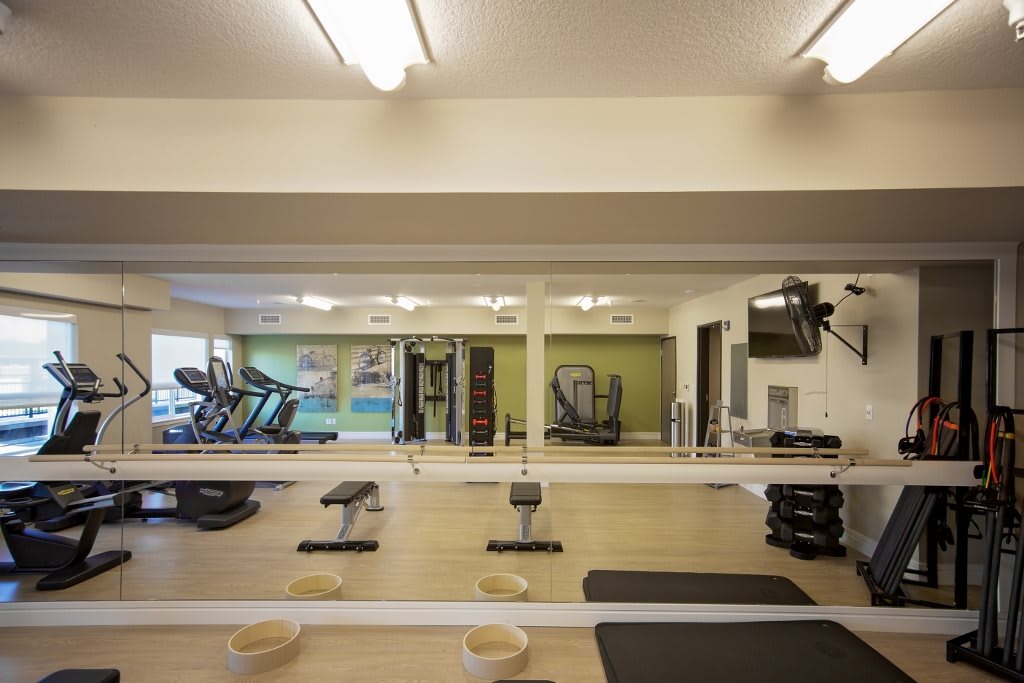 A well-equipped gym with treadmills, weights, and mirrors.