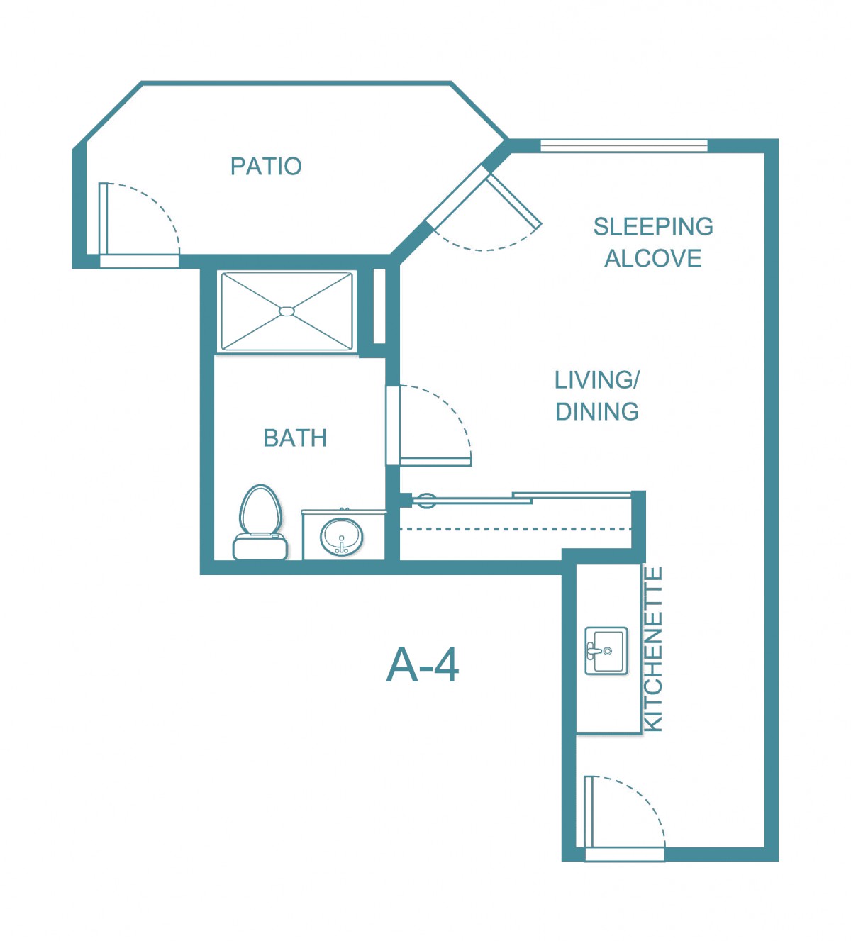 Studio apartment floor plan featuring a sleeping alcove, living/dining area, kitchen, bathroom, and patio.