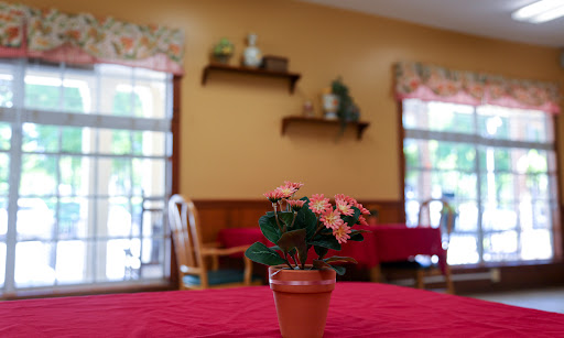 A cozy dining area featuring a small flower pot on a red tablecloth, with warm lighting and decorative shelves in the background.