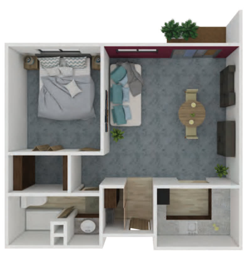 A 3D floor plan of a one-bedroom apartment displaying the bedroom, bathroom, and living area.