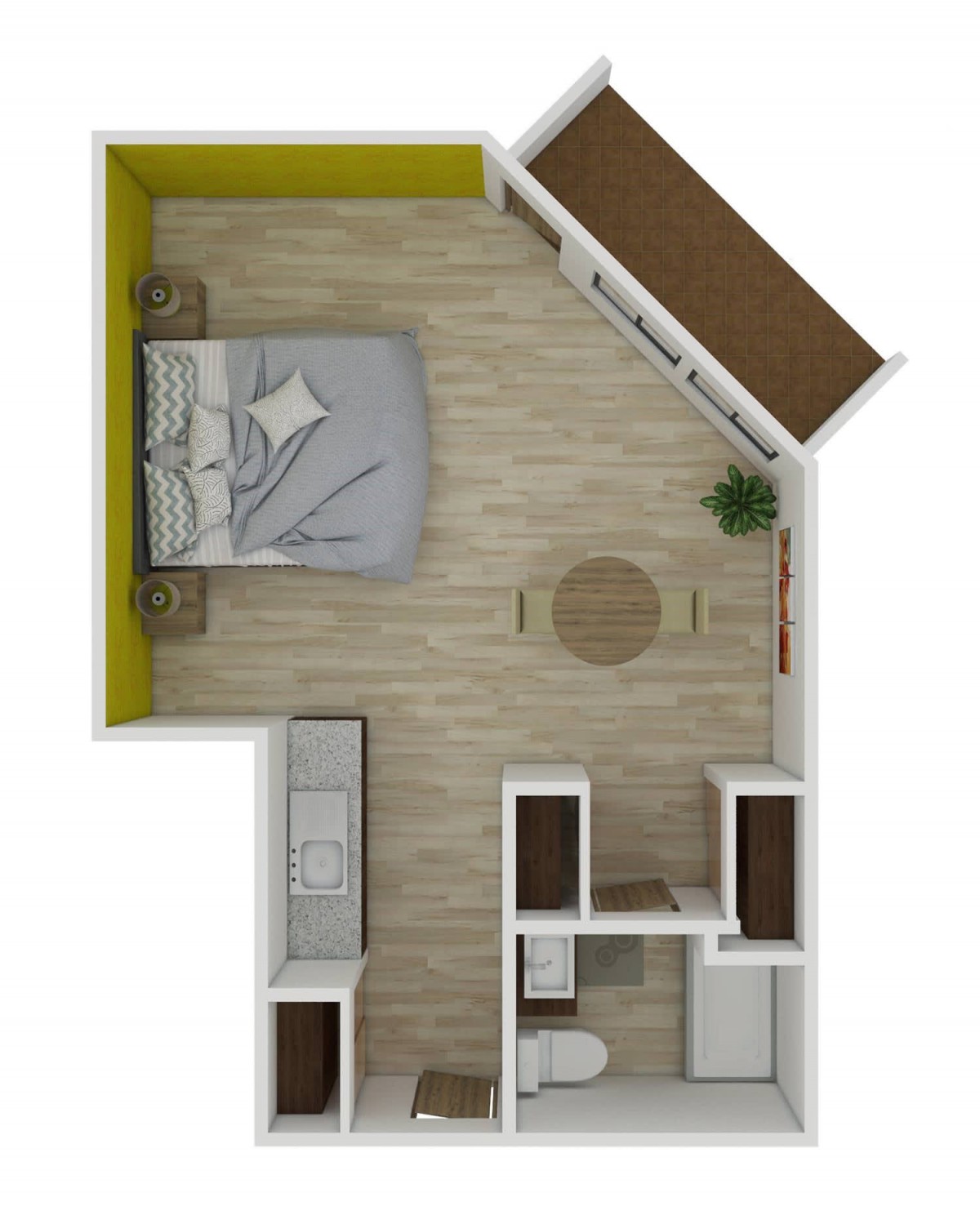 A compact studio apartment floor plan featuring a bedroom, living area, kitchen, and bathroom.
