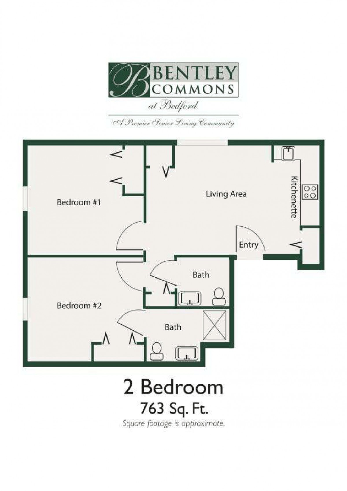 Floor plan of a 2-bedroom apartment with an area of 763 square feet.