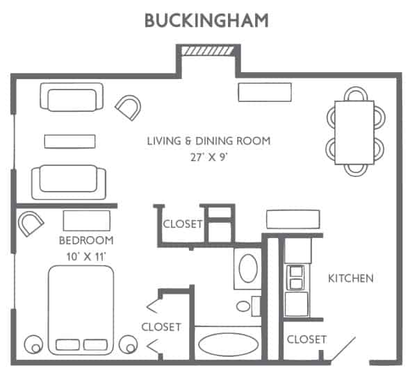 Floor plan of a one-bedroom apartment labeled 'Buckingham,' featuring a living and dining area, kitchen, bathroom, and closets.