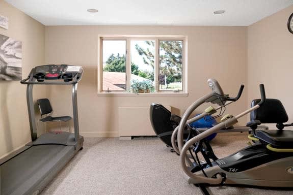 A well-equipped home gym with a treadmill and an elliptical machine.