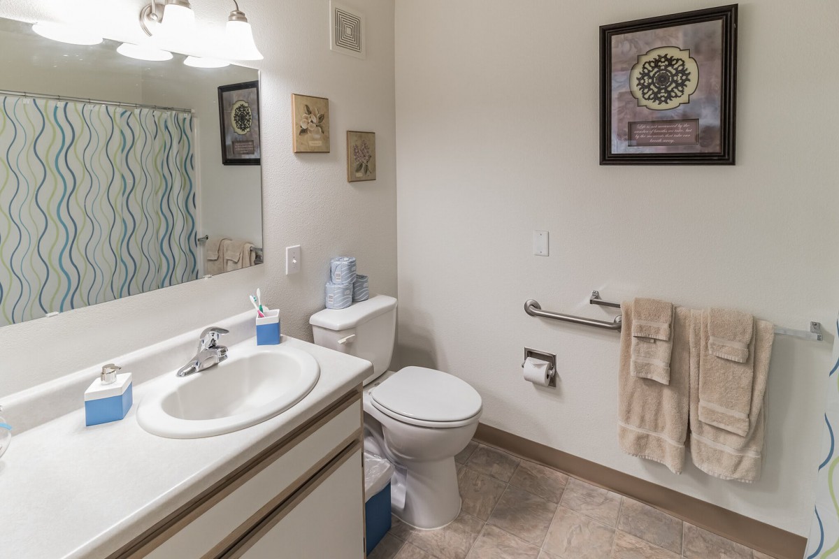 A clean and organized bathroom featuring a sink, toilet, mirror, and wall art.