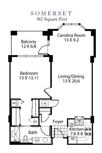 A floor plan of a one-bedroom apartment with designated areas for a Carolina Room, living/dining area, balcony, and foyer.