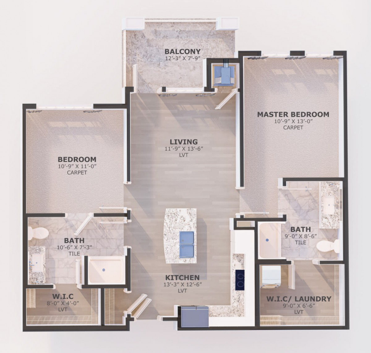 A detailed floor plan of a two-bedroom apartment with a spacious living area, kitchen, bathrooms, and a balcony.