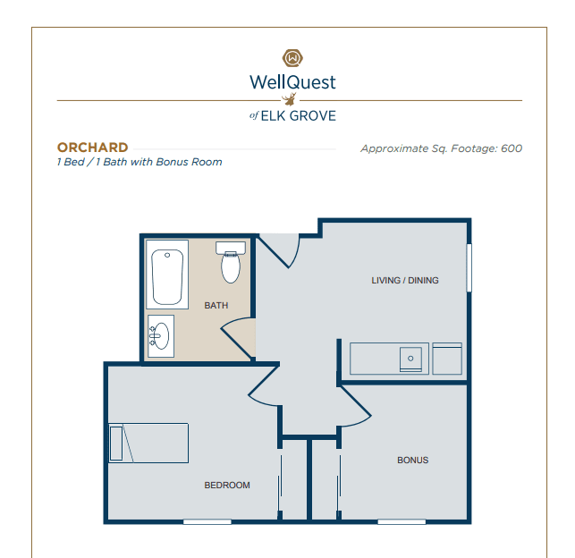 A floor plan of a one-bedroom apartment featuring a kitchen, living room, and bathroom.