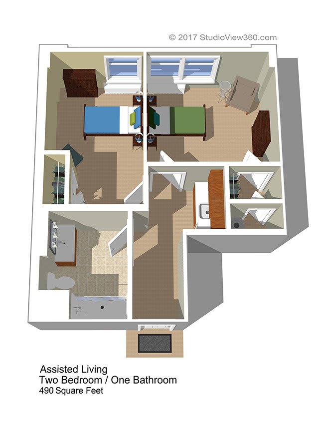 A 3D floor plan of an assisted living apartment featuring bedrooms, a bathroom, and a living area.