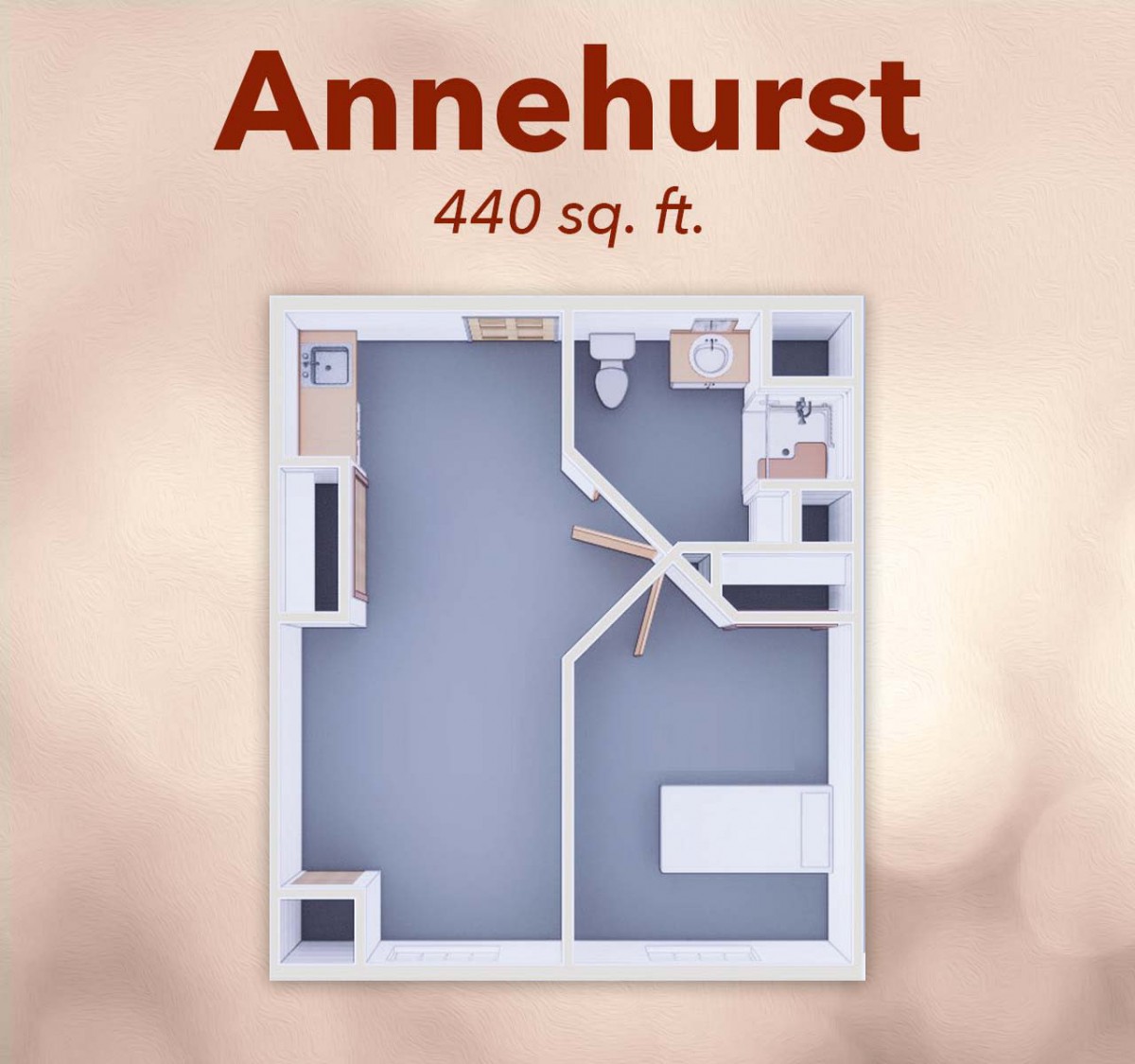 Annehurst 440 sq. ft. apartment floor plan layout.