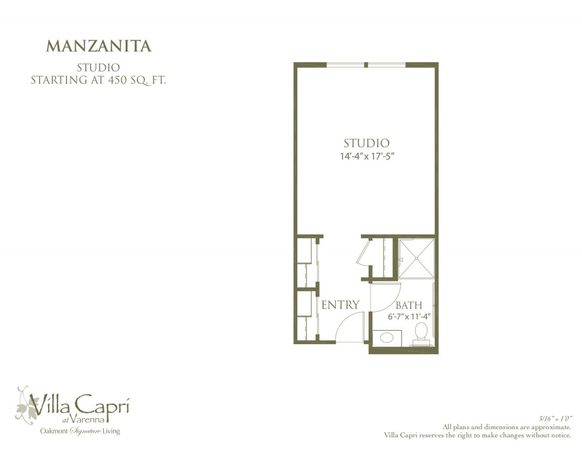 Floor plan of a studio apartment with labeled areas and measurements.