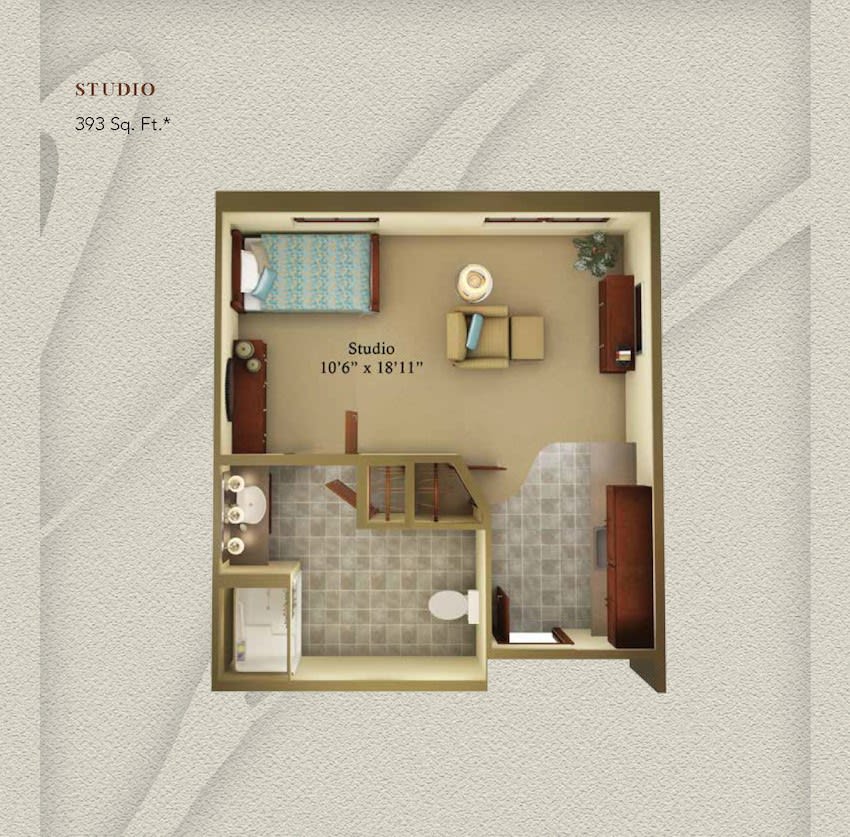 Studio apartment floor plan layout.
