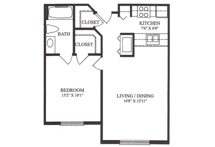 A one-bedroom apartment floor plan with a kitchen, bathroom, and living/dining area.