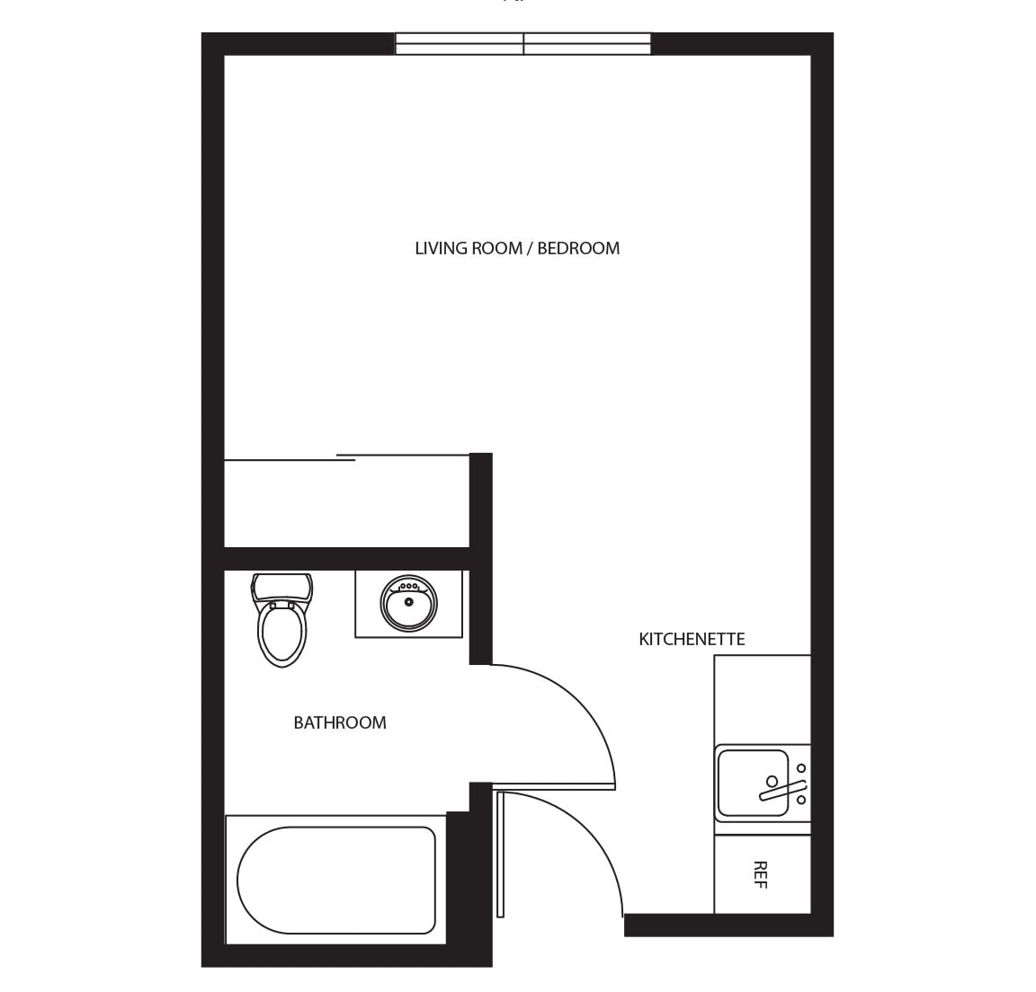 Floor plan of a studio apartment with a bathroom and kitchenette.
