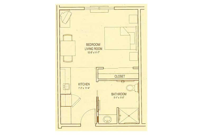A floor plan of a studio apartment featuring a combined bedroom and living room, kitchen, bathroom, and closet.
