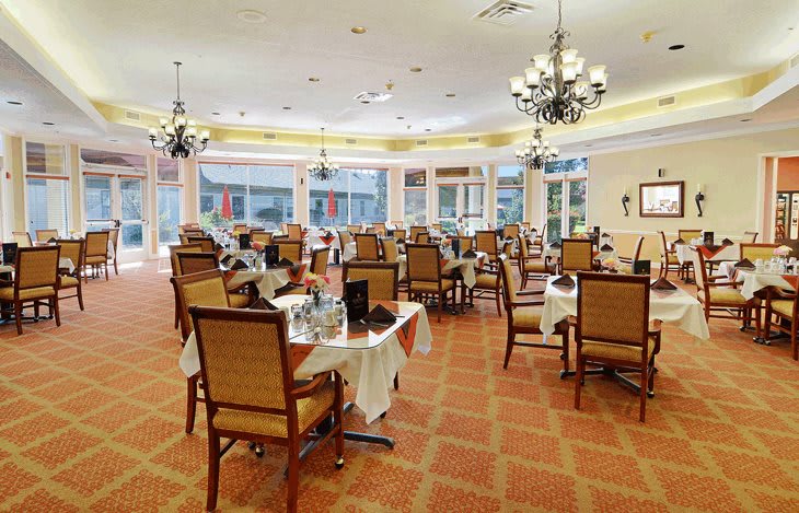 An elegant dining area with neatly arranged tables and chairs, adorned with chandeliers and large windows.