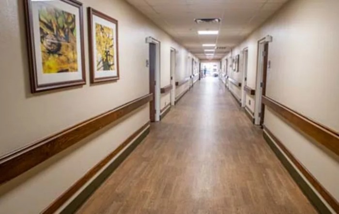A hospital corridor featuring wooden flooring and framed paintings on the walls.