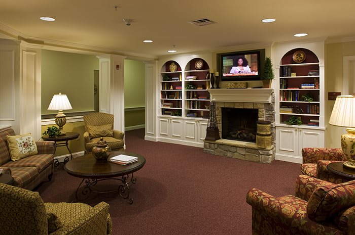 A cozy living room featuring a fireplace, bookshelves, and a television.