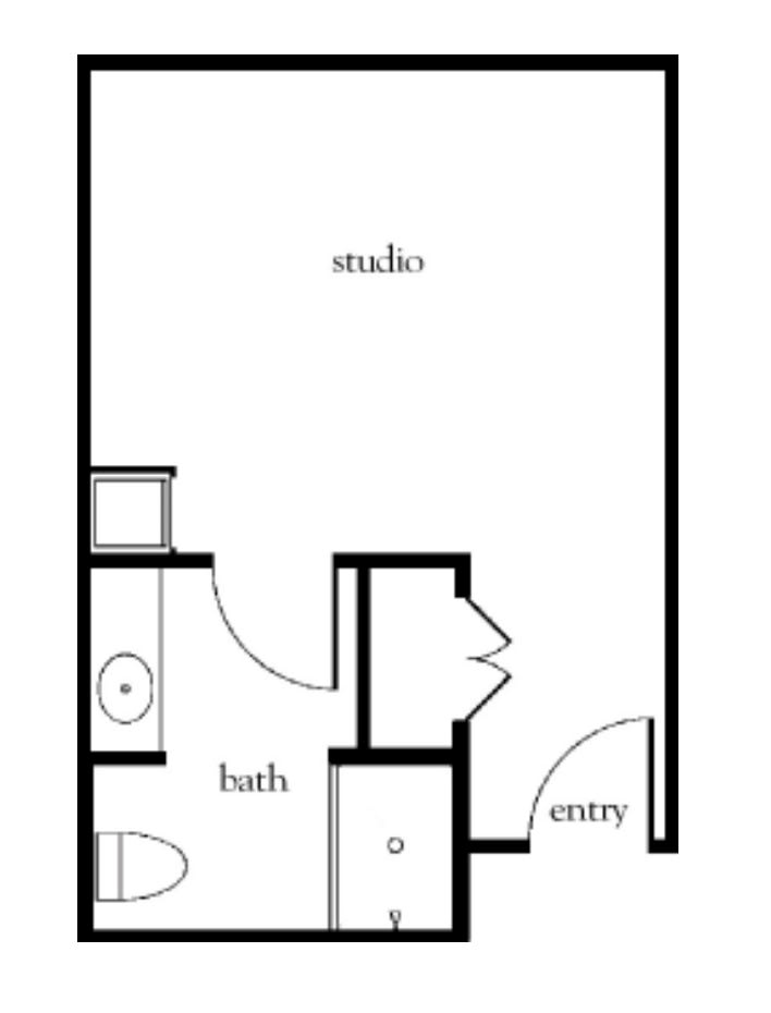 A simple studio apartment floor plan with an entryway and a bathroom.