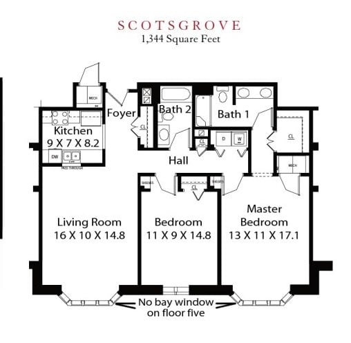 A floor plan of a 1,144 square foot apartment named Scotsgrove featuring three bedrooms, two bathrooms, a kitchen, and a living room.