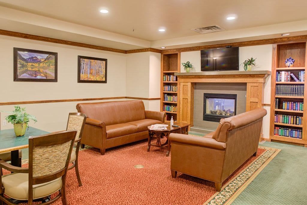 A cozy living room with leather sofas, a fireplace, and a bookshelf.