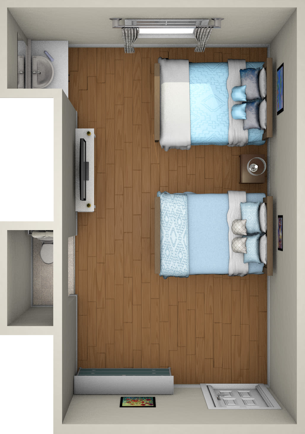 A top-down view of a bedroom with twin beds and wooden flooring.