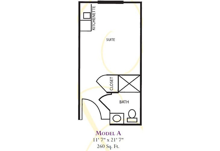 Floor plan of a Model A studio apartment, measuring 288 sq. ft.