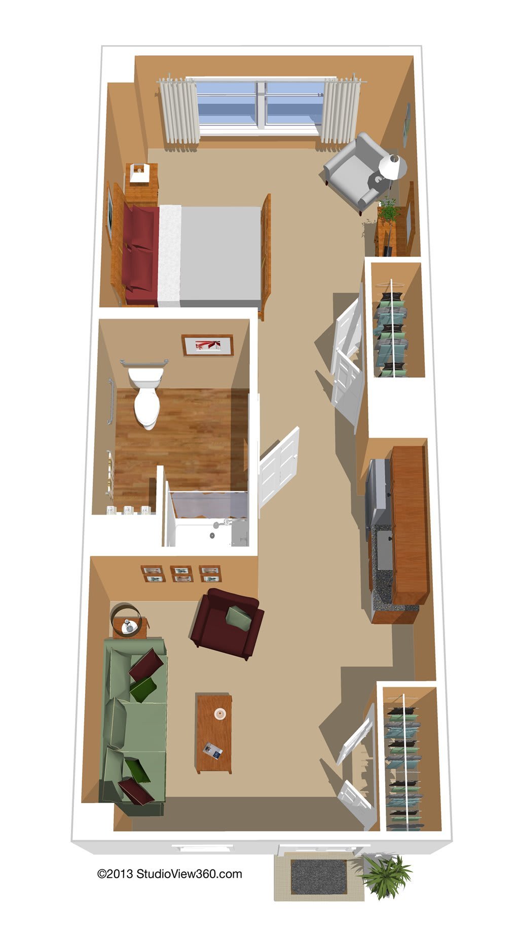 This image shows a detailed floor plan of a one-bedroom apartment, including living space, kitchen, bedroom, and bathroom.