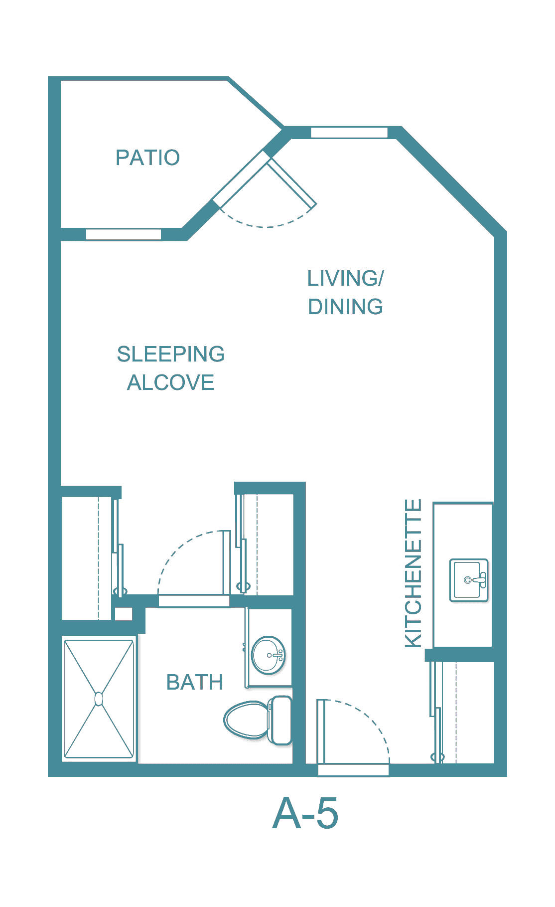 Studio apartment floor plan with living/dining area, sleeping alcove, kitchenette, and bathroom.