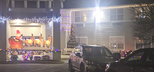 A festively decorated building with Christmas lights and a tree, illuminated at night.