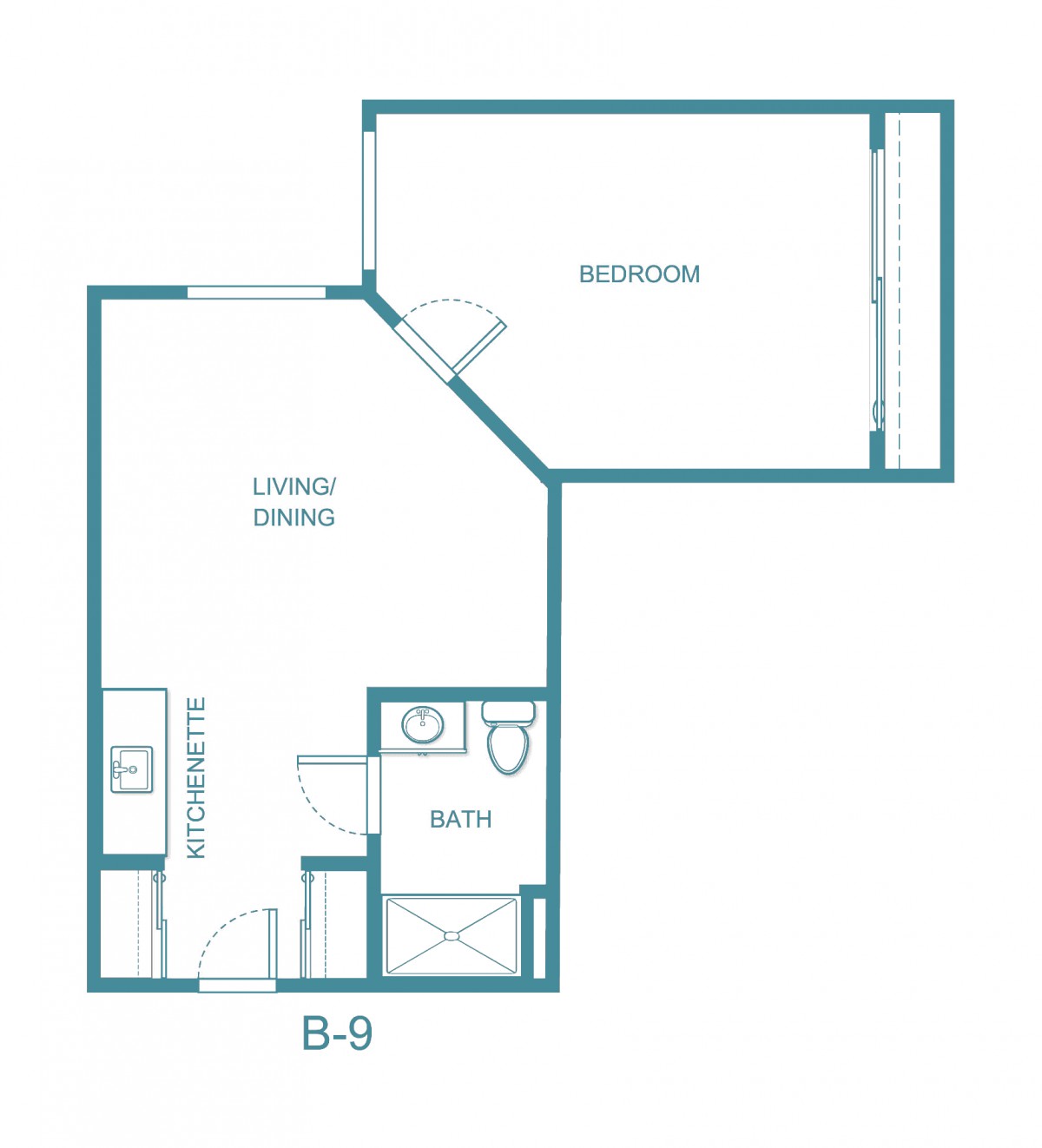 A floor plan showing the layout of a small apartment with a bedroom, living area, kitchen, and bathroom.