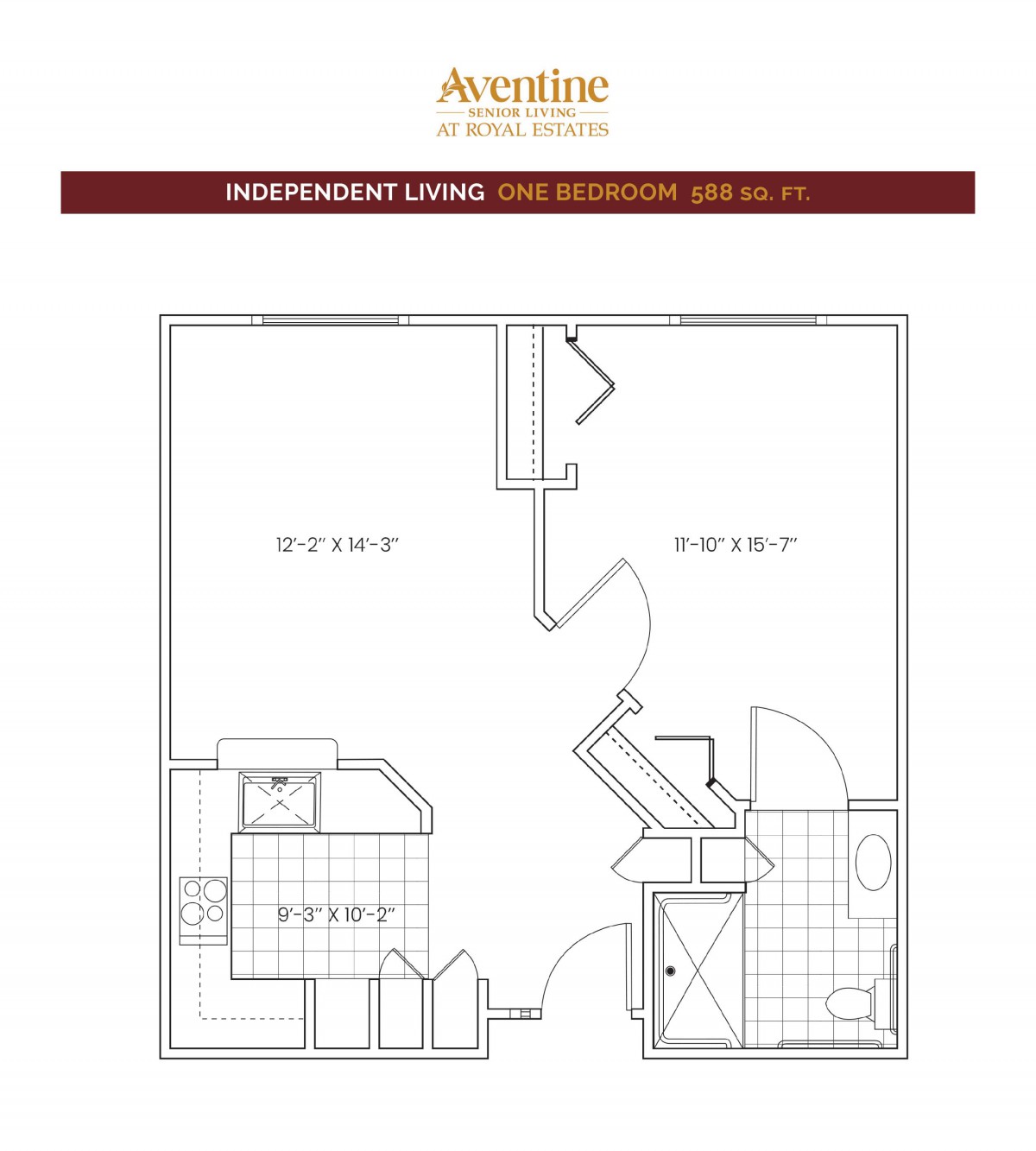 Floor plan of a one-bedroom apartment designed for independent living.
