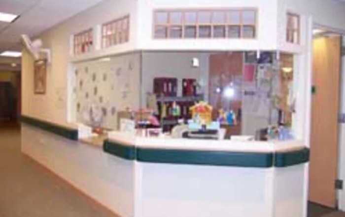 A reception desk in an office setting.