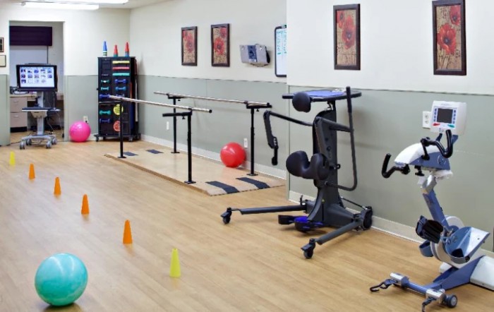 A physical therapy room equipped with exercise machines and rehabilitation tools.