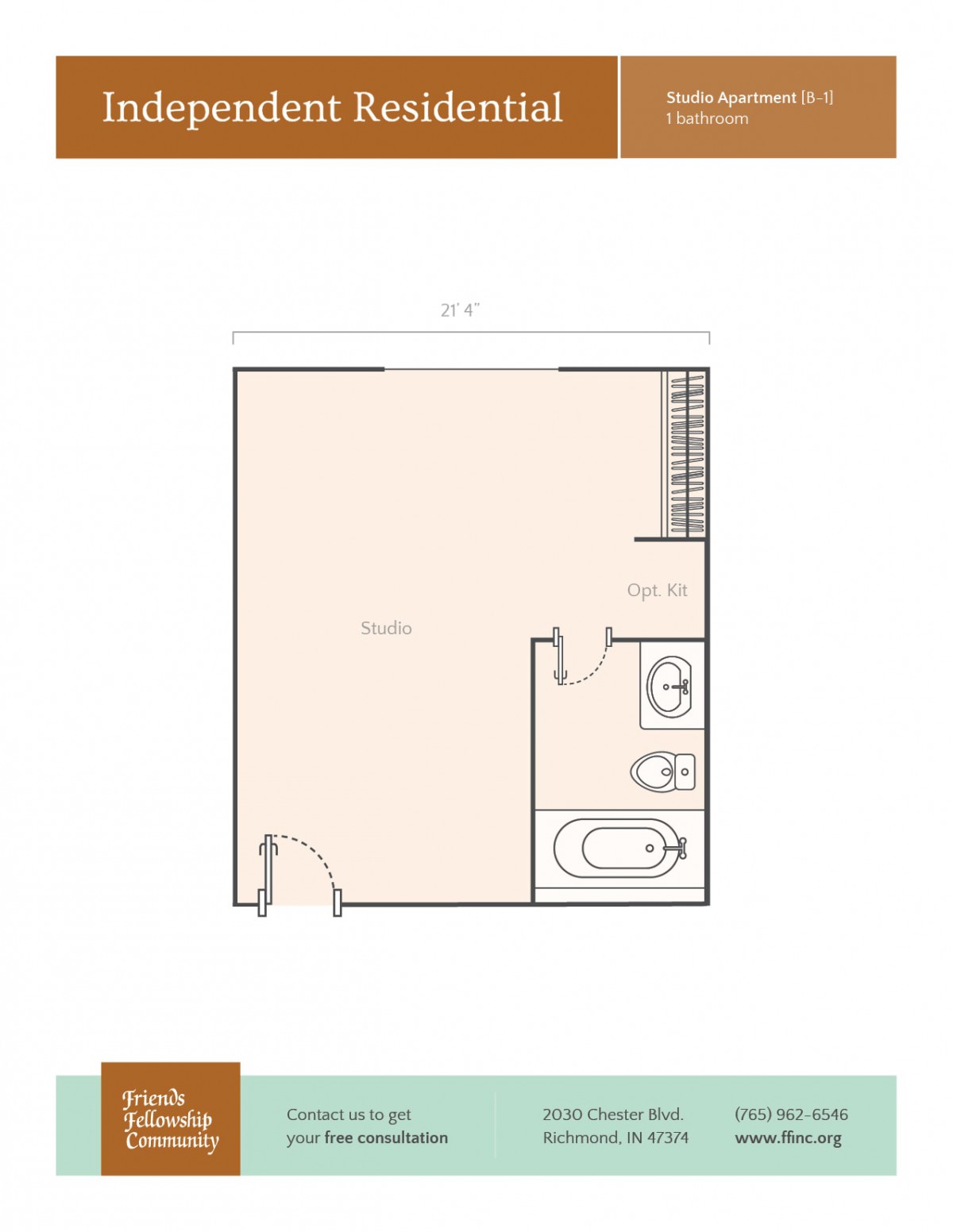 Studio apartment floor plan showing room layout and bathroom.