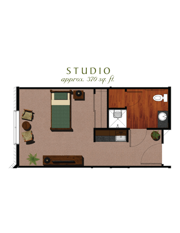 A floor plan of a studio apartment, featuring a compact layout with a single bed, kitchen, and bathroom.