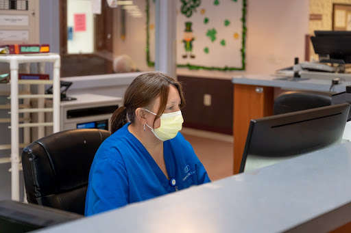 A healthcare worker in blue scrubs and a mask is focused on the computer in a hospital office.