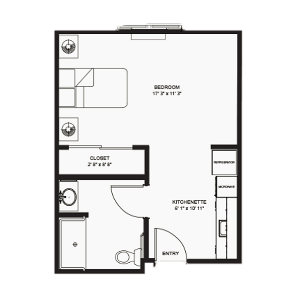 A floor plan of a studio apartment featuring a combined living and sleeping area, kitchen, and bathroom.