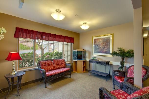 A cozy living room with sofas, a fish tank, and large windows offering natural light.