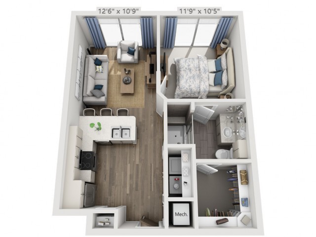 A detailed floor plan of a modern apartment featuring a living area, kitchen, bedroom, and bathroom.