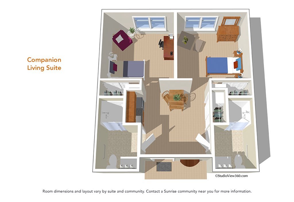 3D floor plan of a residential suite with bedrooms, bathrooms, a kitchen, and a living room.